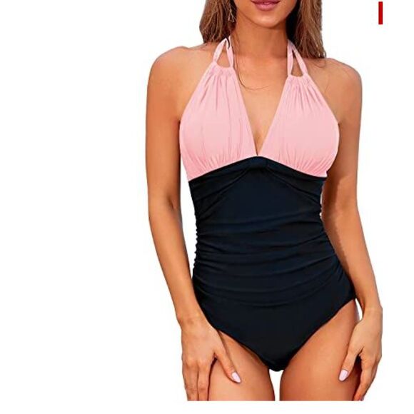Aqua Eve One Piece Swimsuit Size 16W Halter Wear 2 Ways Dusty Pink Black NWT - Picture 1 of 7
